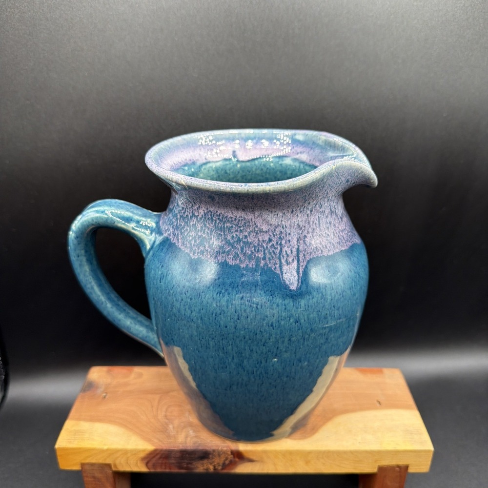 VTG Old Fort NC Pottery John Garrou Blue Pitcher Lavender Drip Glaze Hand Made - Picture 4 of 7